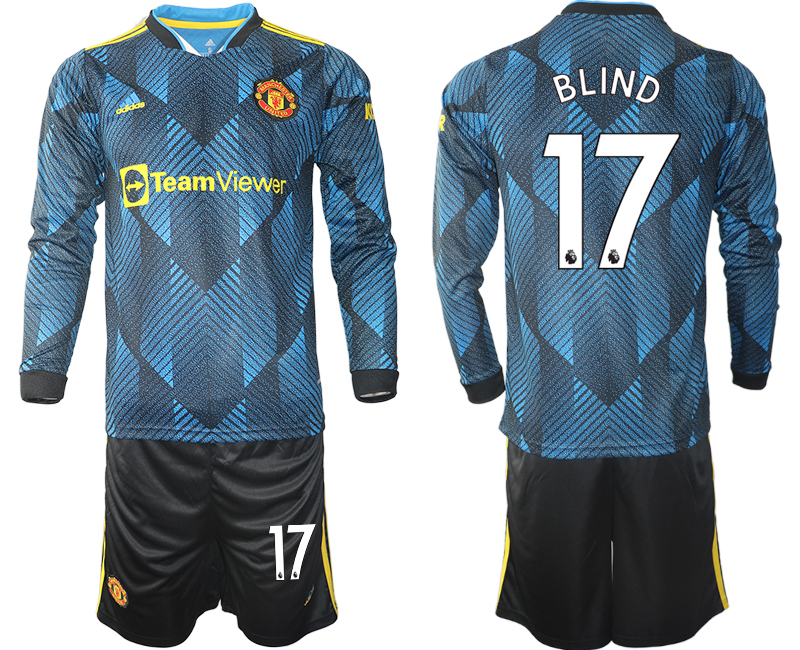 Men 2021-2022 Club Manchester united second away blue Long Sleeve #17 Soccer Jersey